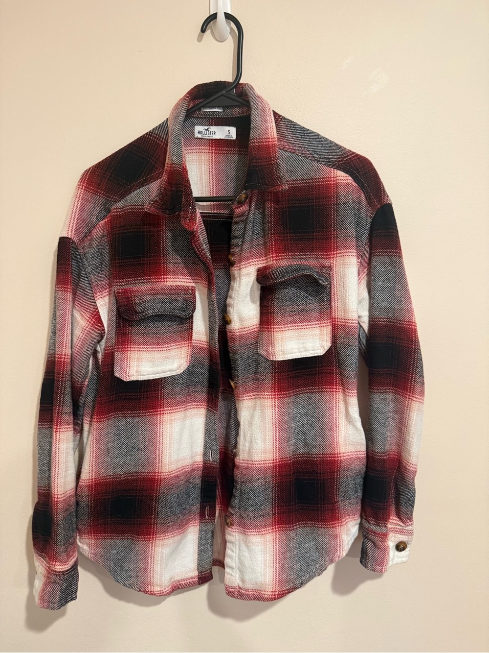 Hollister Women’s  Red Black and White Plaid Button-Down Shirt Oversized Small